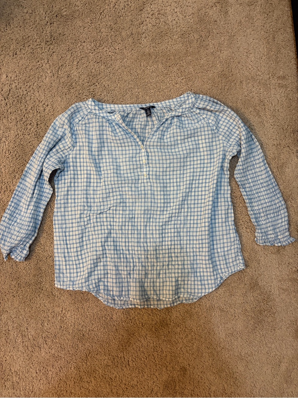 Chaps Light Blue & White Plaid Button Henley Blouse